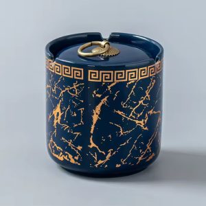 Keramik-Aschenbecher Blau mit Deckel
