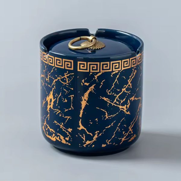Keramik-Aschenbecher Blau mit Deckel